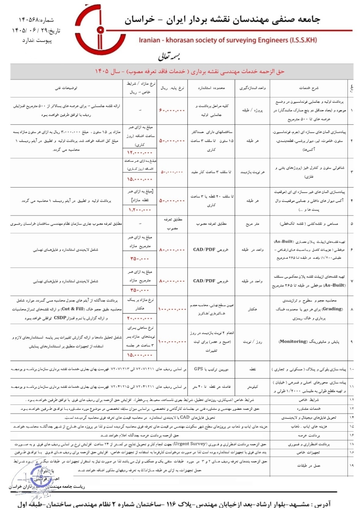 حق الزحمه خدمات مهندسی نقشه برداری ( خدمات فاقد تعرفه مصوب)